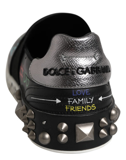 Dolce & Gabbana Black Leather Studded Graffiti Sneakers Shoes by Dolce & Gabbana
