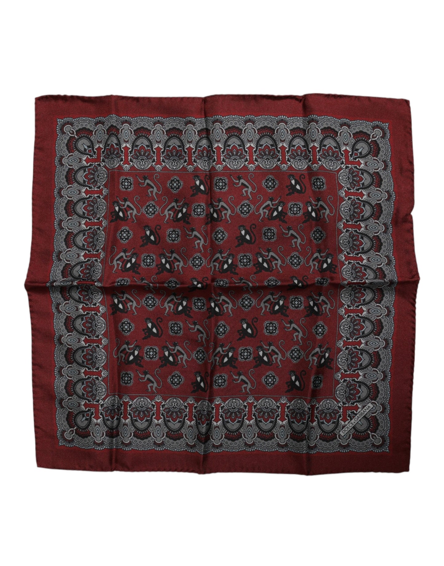 Dolce &amp; Gabbana Maroon Monkey Print Silk Square Foulard Scarf