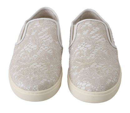 Dolce & Gabbana White Leather Lace Slip On Loafers Shoes by Dolce & Gabbana