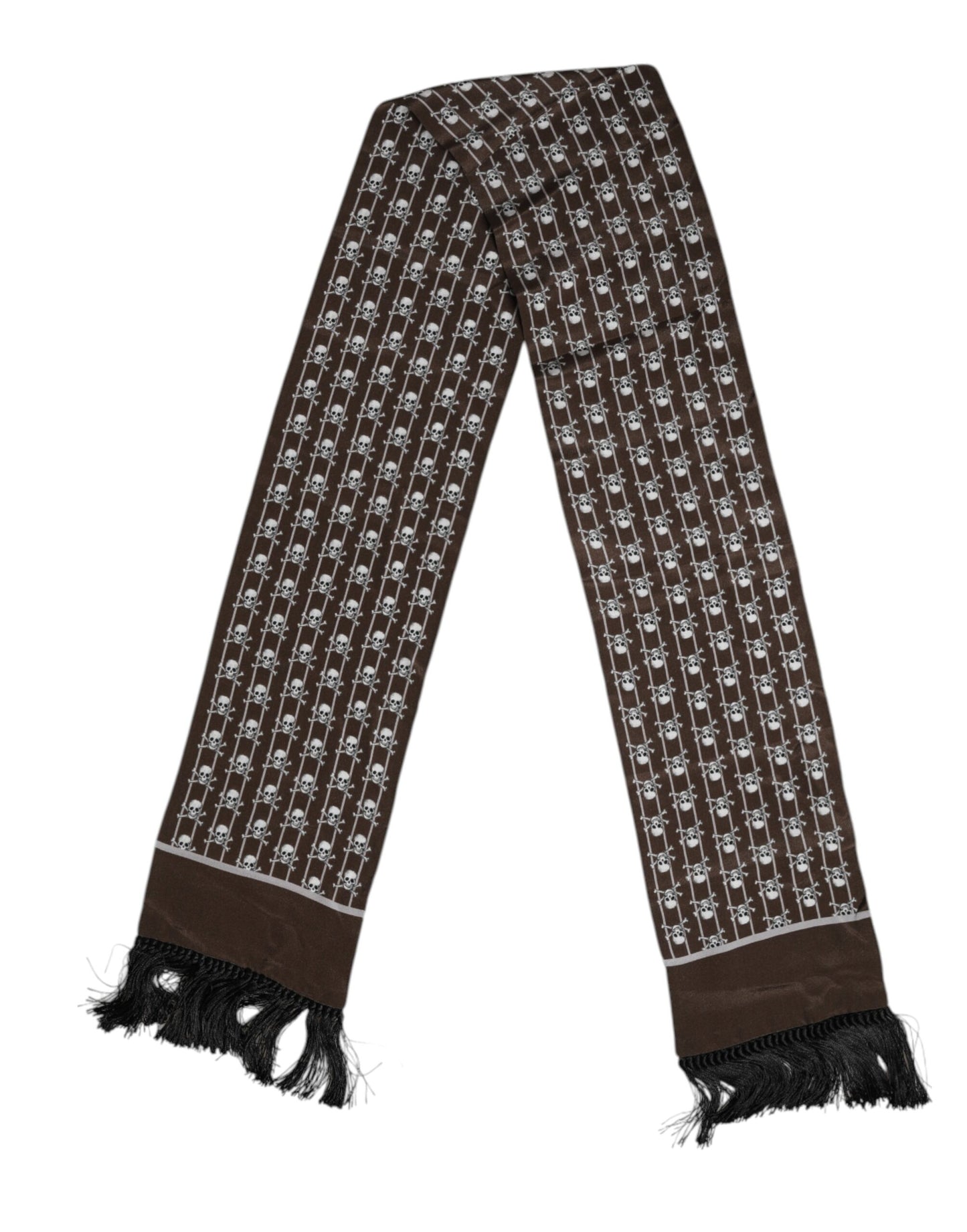 Dolce &amp; Gabbana Brown Skulls Print Fringes Men Foulard Scarf