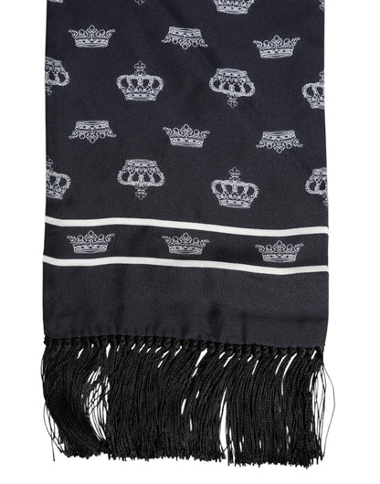 Dolce &amp; Gabbana Black Silk Crown Fringes Men Foulard Scarf