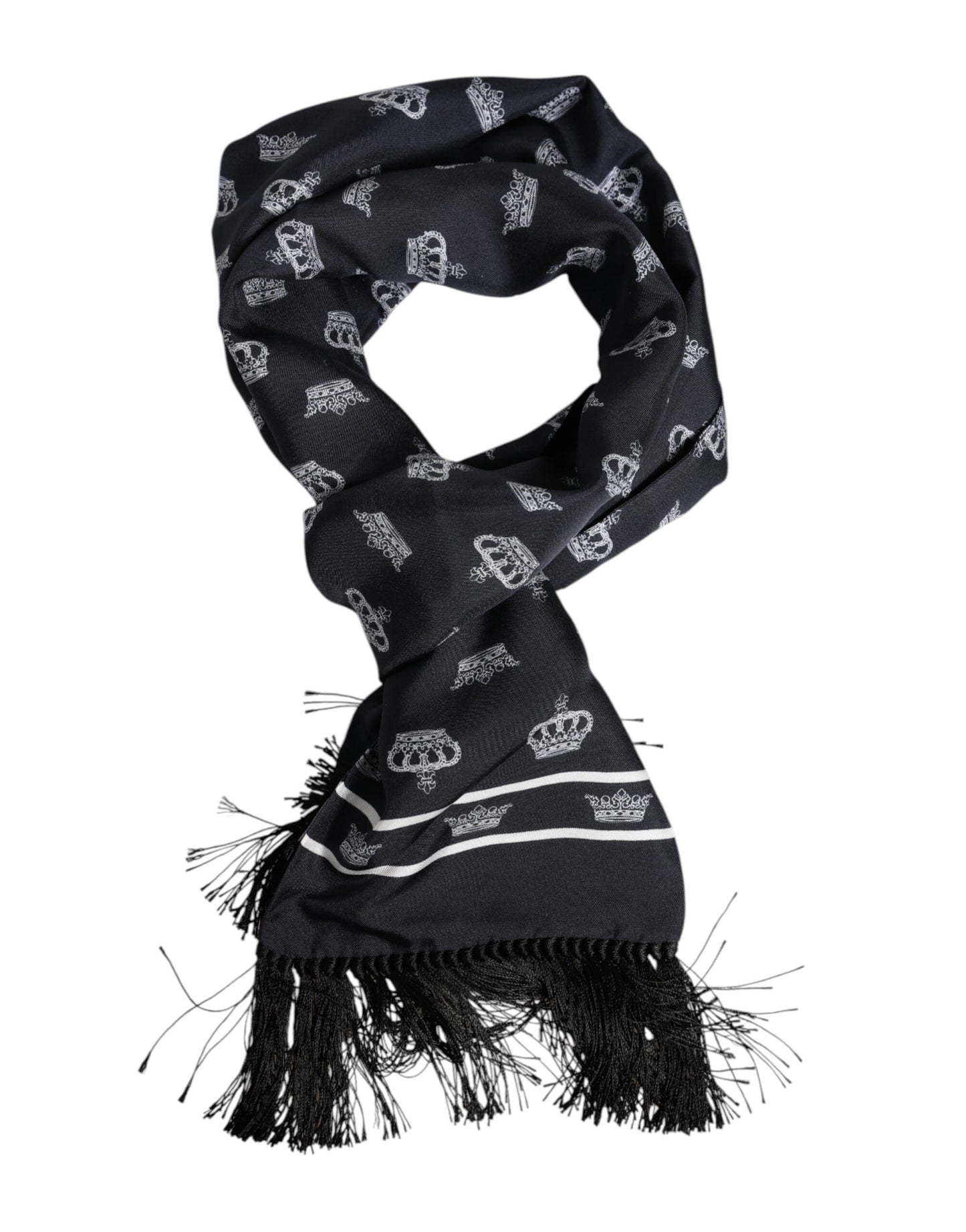 Dolce &amp; Gabbana Black Silk Crown Fringes Men Foulard Scarf