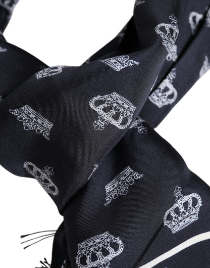 Dolce &amp; Gabbana Black Silk Crown Fringes Men Foulard Scarf