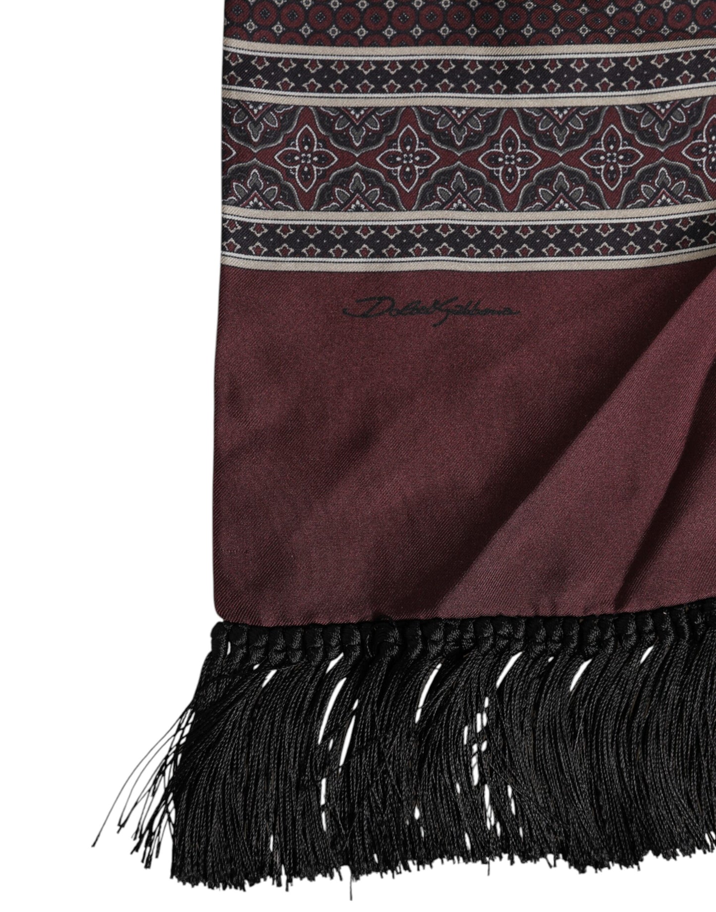 Dolce &amp; Gabbana Maroon Dotted Silk Fringes Foulard Scarf