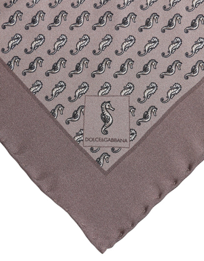 Foulard carré en soie marron motif hippocampe Dolce &amp; Gabbana