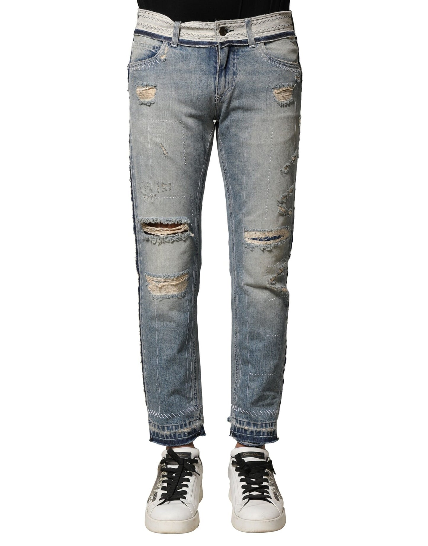 Dolce &amp; Gabbana Light Blue Tattered Straight Men Denim Jeans