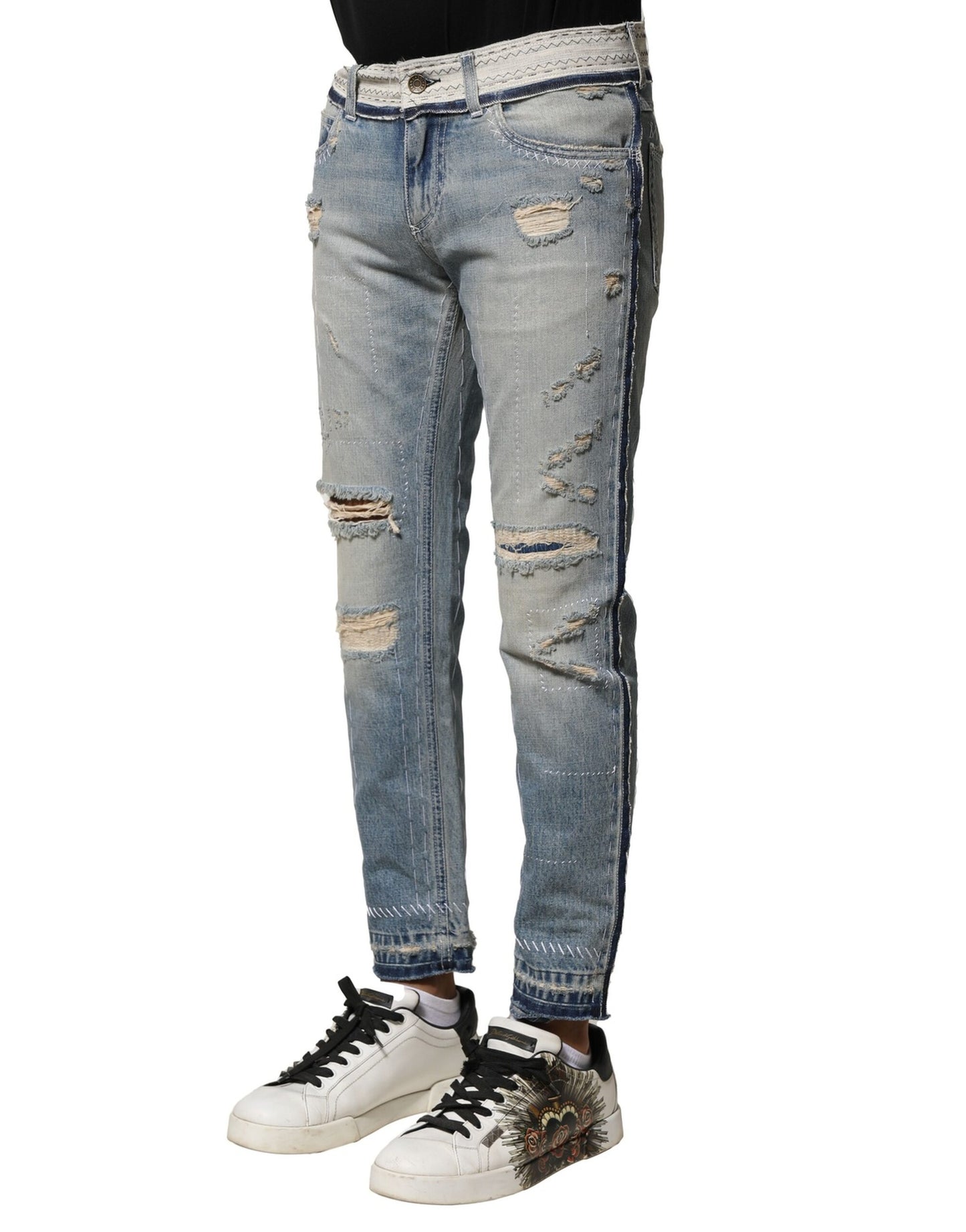Dolce &amp; Gabbana Light Blue Tattered Straight Men Denim Jeans