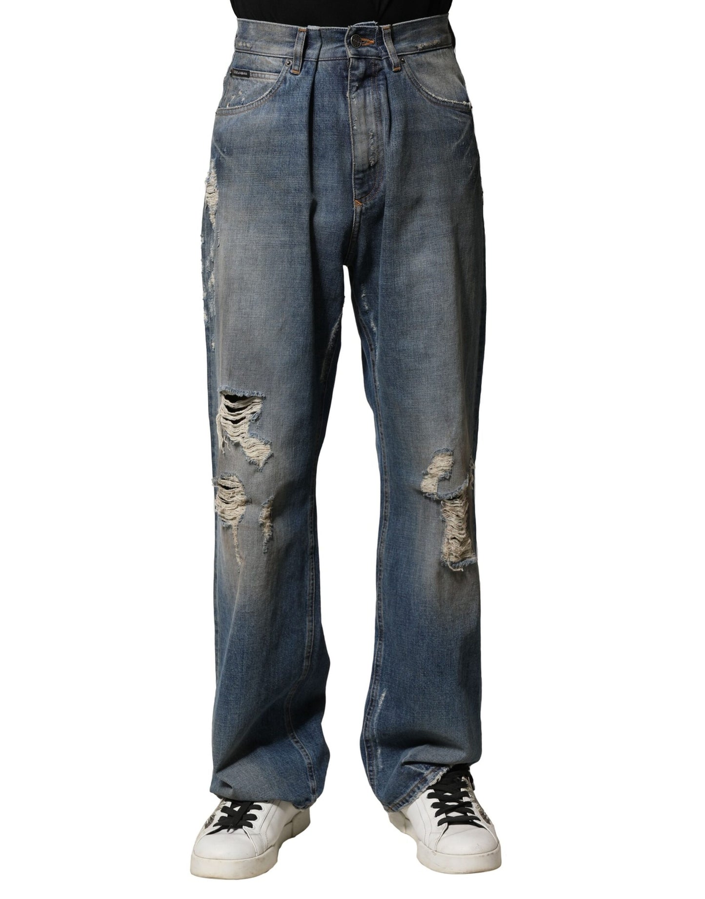 Dolce &amp; Gabbana Blue Cotton Tattered Men Denim Jeans