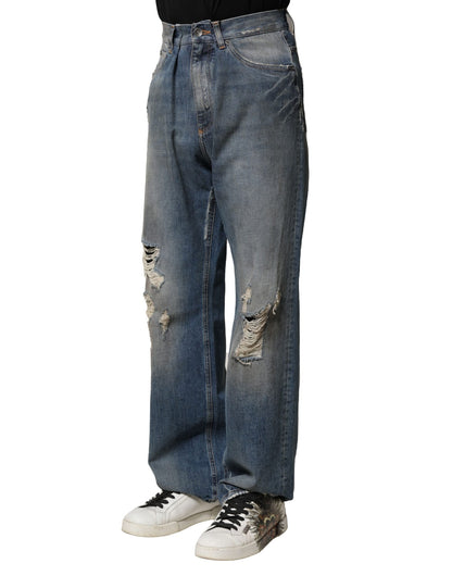 Dolce &amp; Gabbana Blue Cotton Tattered Men Denim Jeans