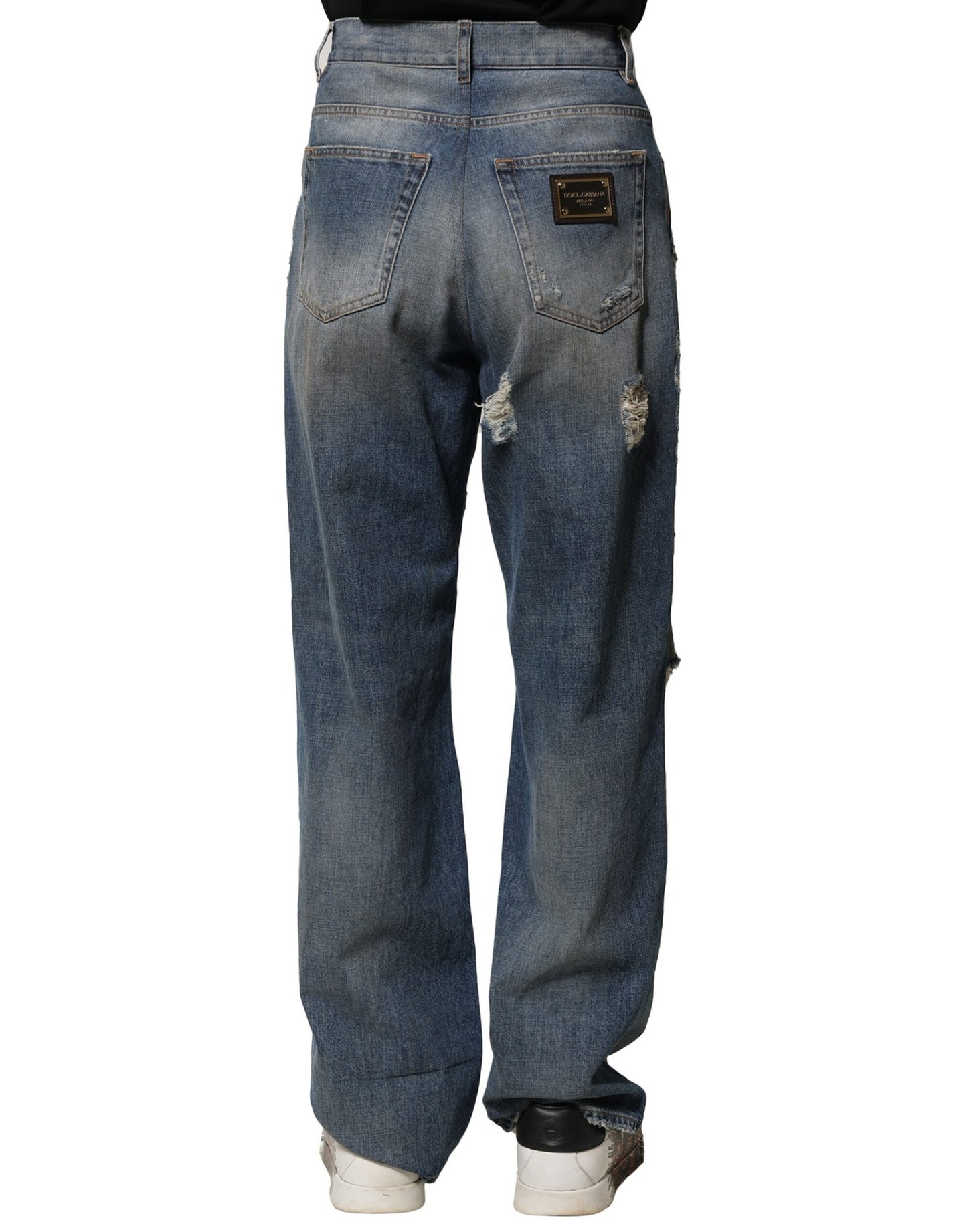 Dolce &amp; Gabbana Blue Cotton Tattered Men Denim Jeans