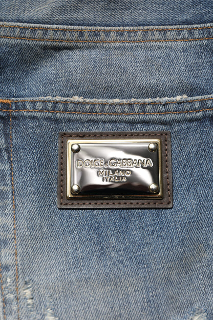 Dolce &amp; Gabbana Blue Cotton Tattered Men Denim Jeans