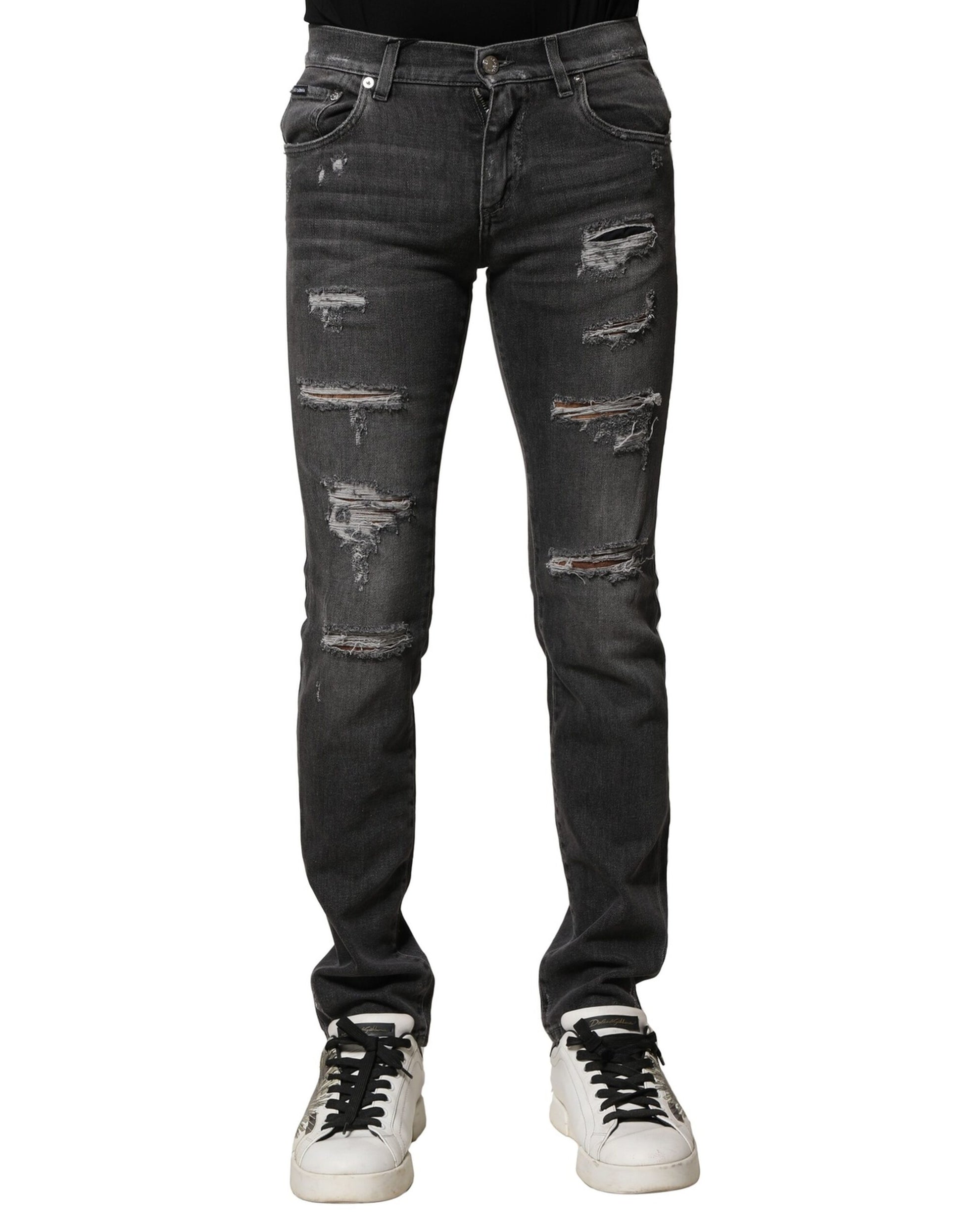 Dolce & Gabbana Black Washed Tattered Slim Fit Denim Jeans by Dolce & Gabbana