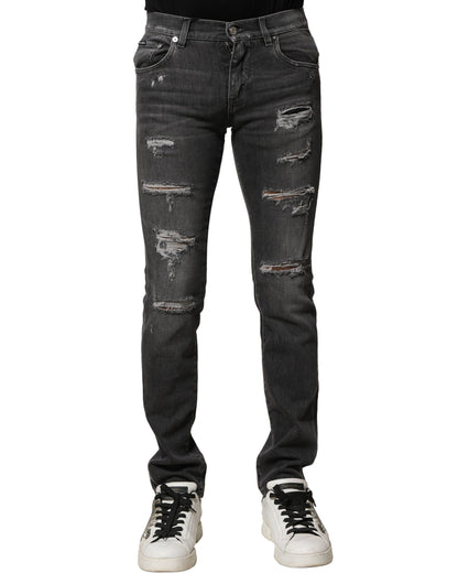 Dolce & Gabbana Black Washed Tattered Slim Fit Denim Jeans by Dolce & Gabbana