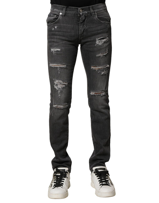Dolce & Gabbana Black Washed Tattered Slim Fit Denim Jeans by Dolce & Gabbana