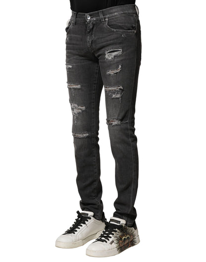 Dolce & Gabbana Black Washed Tattered Slim Fit Denim Jeans by Dolce & Gabbana