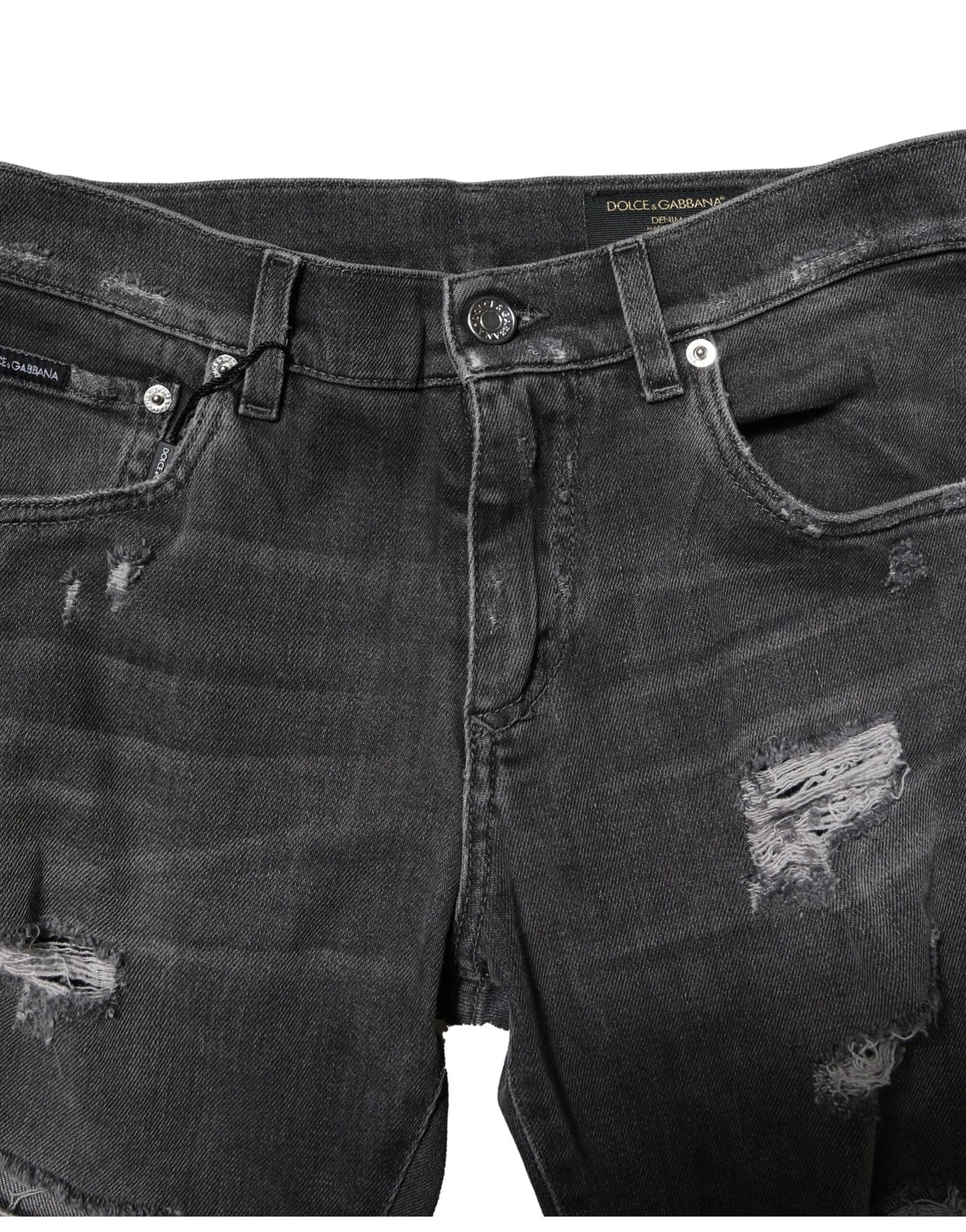 Dolce & Gabbana Black Washed Tattered Slim Fit Denim Jeans by Dolce & Gabbana