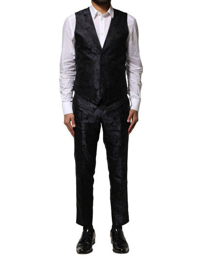 Costume 3 pièces simple boutonnage en jacquard noir Dolce &amp; Gabbana