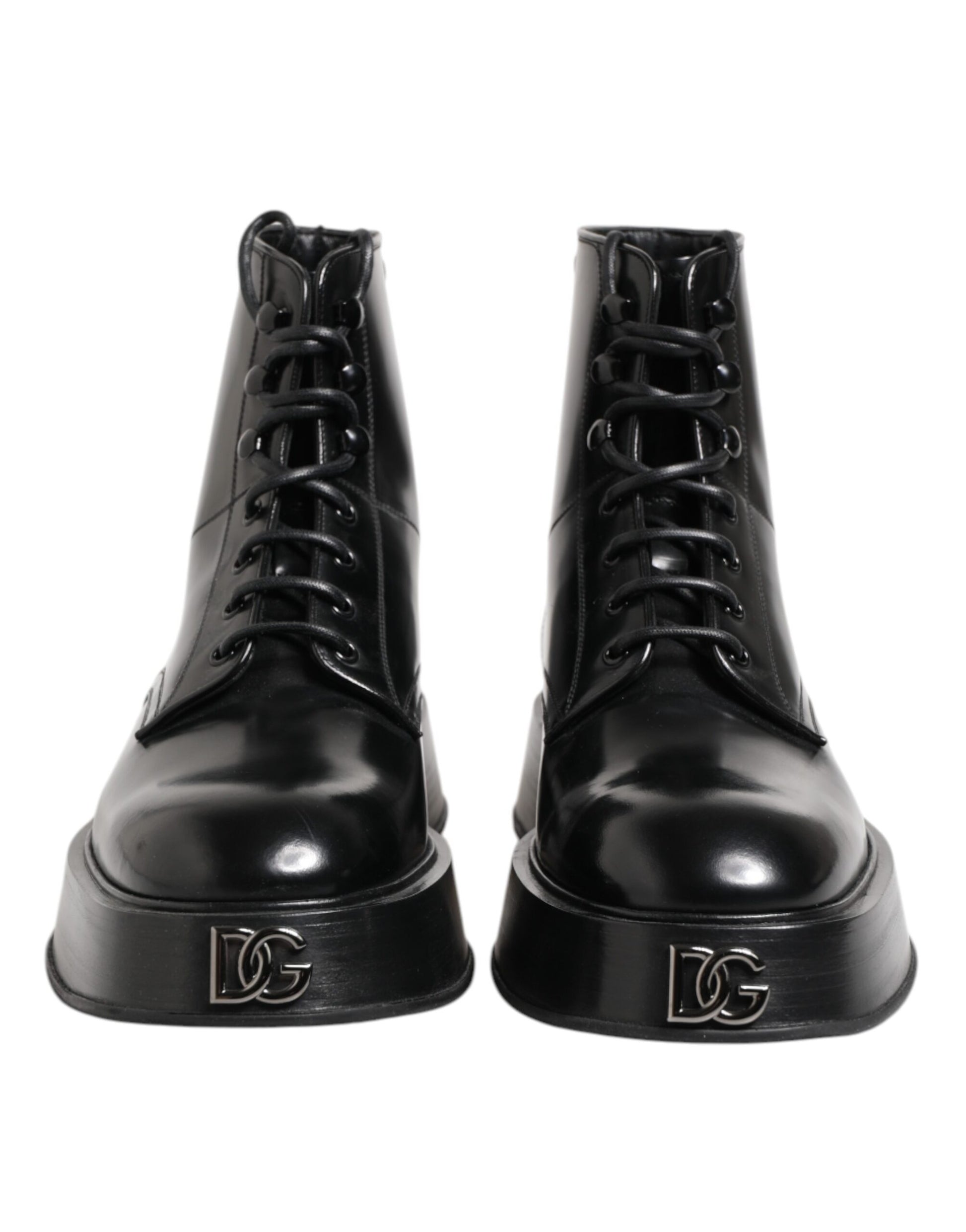 Dolce & Gabbana Black Leather Logo Ankle Boots Lace Up Shoes by Dolce & Gabbana