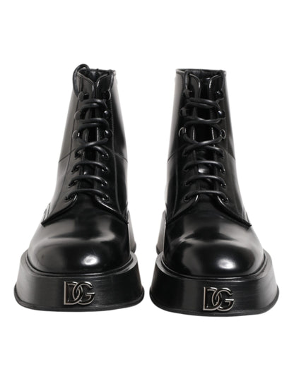 Dolce & Gabbana Black Leather Logo Ankle Boots Lace Up Shoes by Dolce & Gabbana