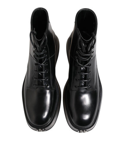 Dolce & Gabbana Black Leather Logo Ankle Boots Lace Up Shoes by Dolce & Gabbana
