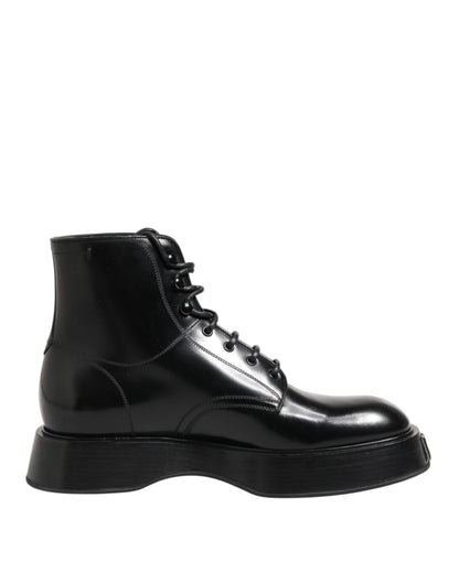 Dolce & Gabbana Black Leather Logo Ankle Boots Lace Up Shoes by Dolce & Gabbana