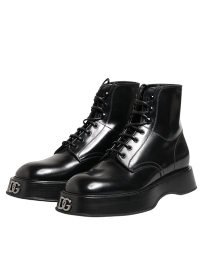 Dolce & Gabbana Black Leather Logo Ankle Boots Lace Up Shoes by Dolce & Gabbana