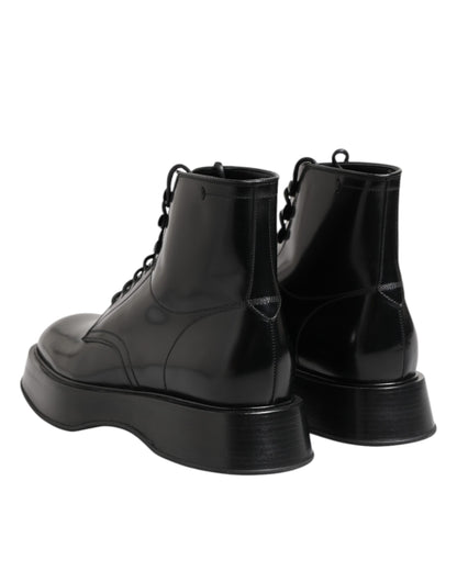 Dolce & Gabbana Black Leather Logo Ankle Boots Lace Up Shoes by Dolce & Gabbana