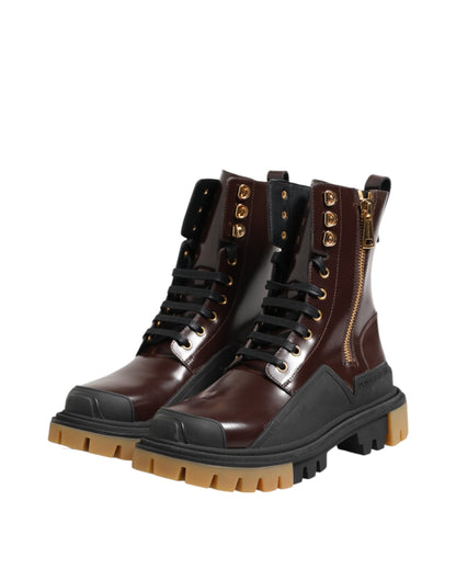 Dolce & Gabbana Brown Black Leather Boots Zipper Lace Up Shoes by Dolce & Gabbana
