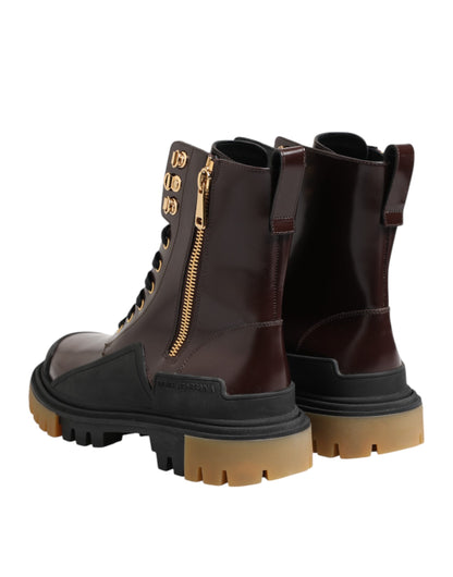 Dolce & Gabbana Brown Black Leather Boots Zipper Lace Up Shoes by Dolce & Gabbana