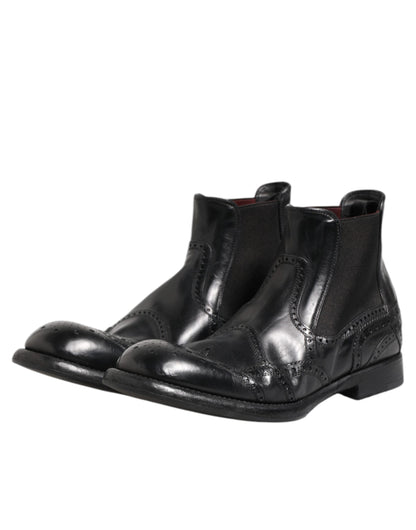 Dolce & Gabbana Black Leather Ankle Boots Slip On Shoes by Dolce & Gabbana