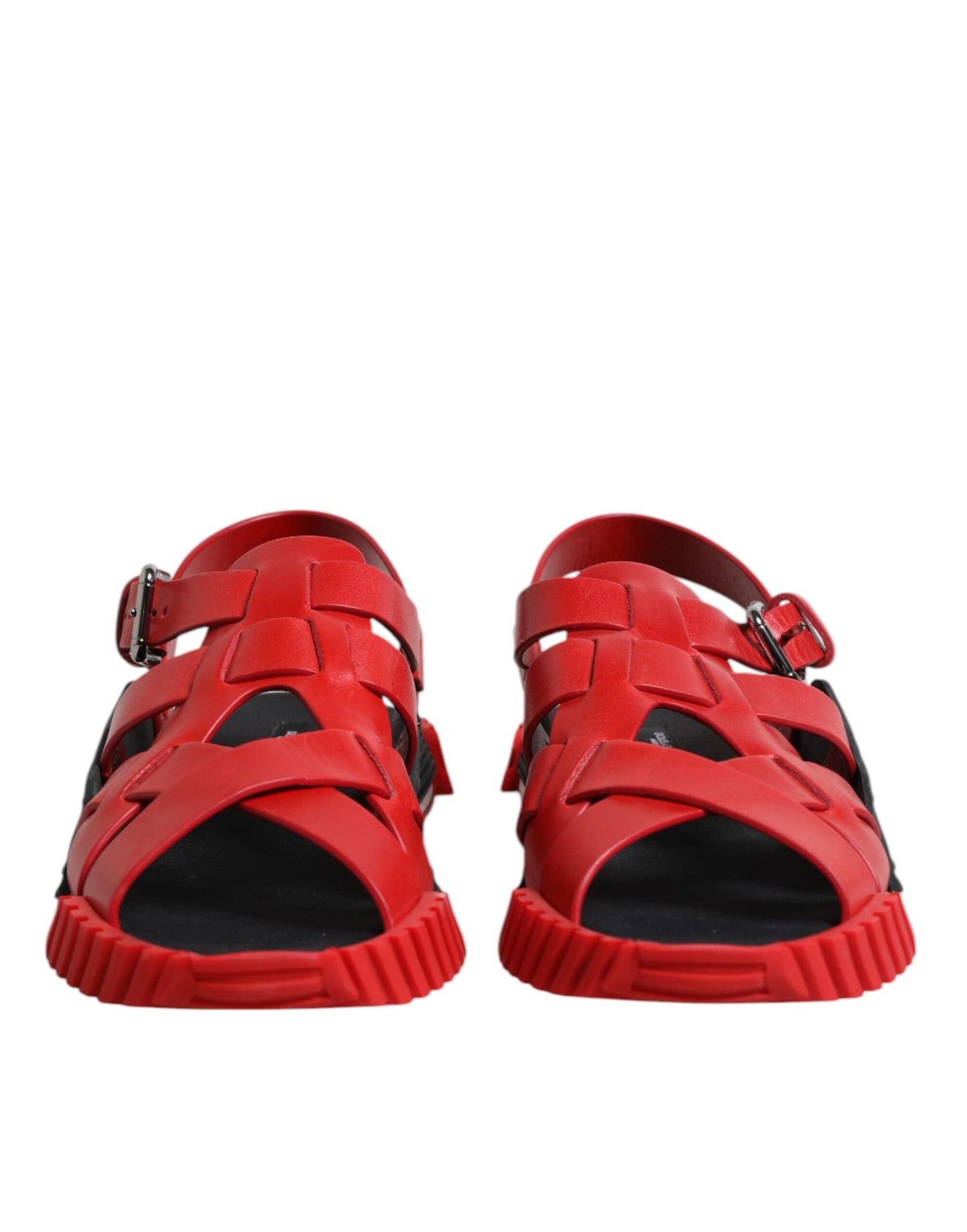 Dolce &amp; Gabbana Red Black Leather Ankle Strap Sandals Shoes