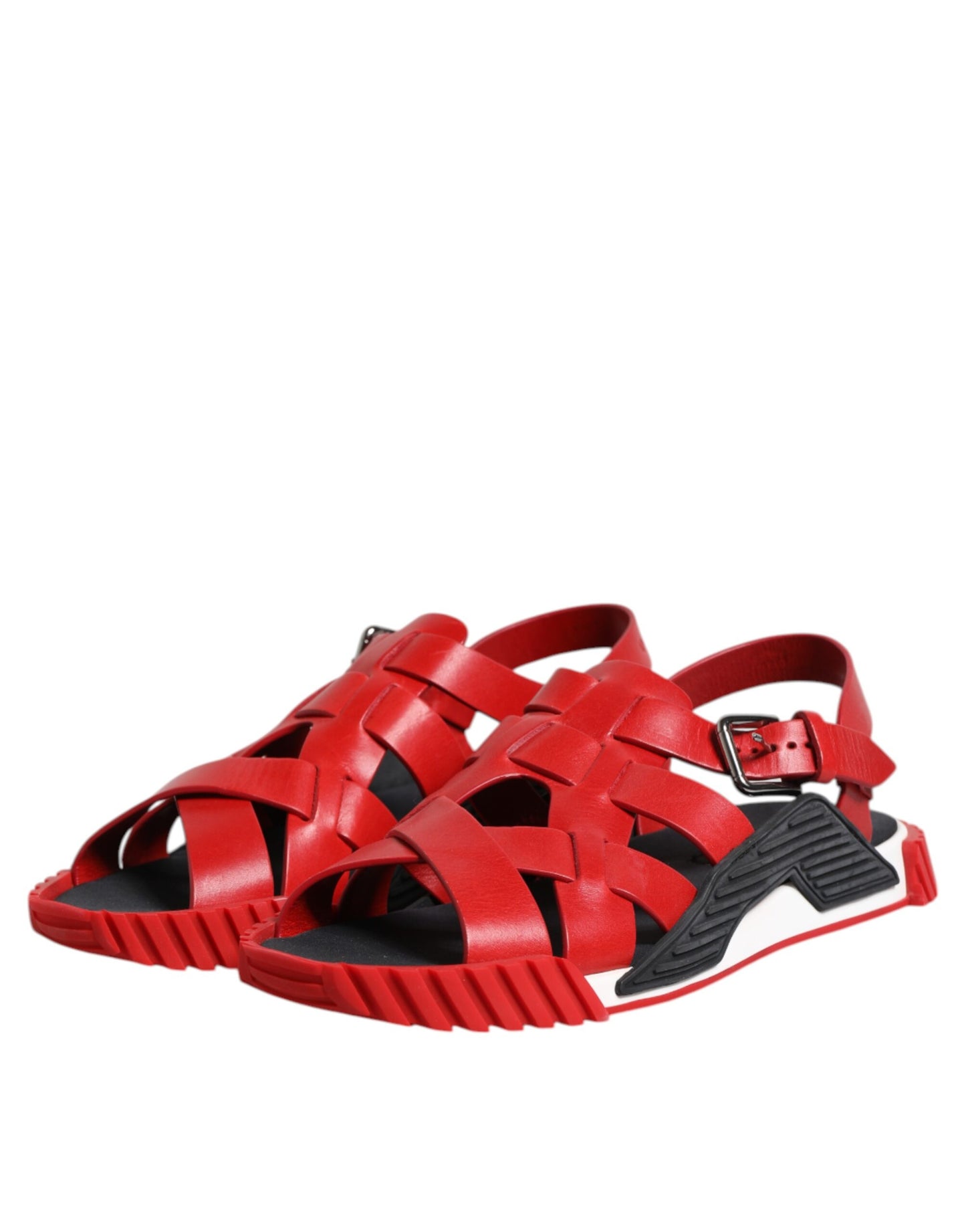 Dolce &amp; Gabbana Red Black Leather Ankle Strap Sandals Shoes