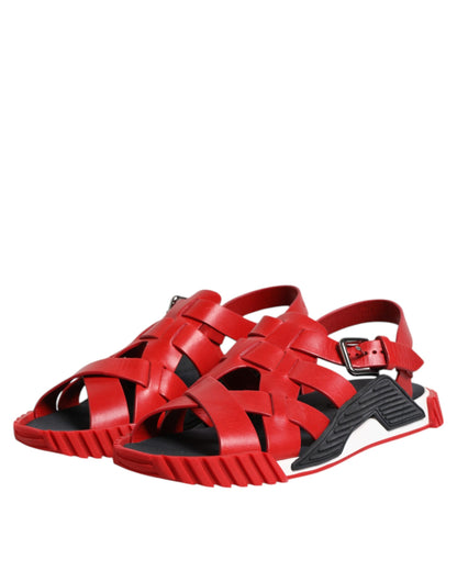Dolce &amp; Gabbana Red Black Leather Ankle Strap Sandals Shoes