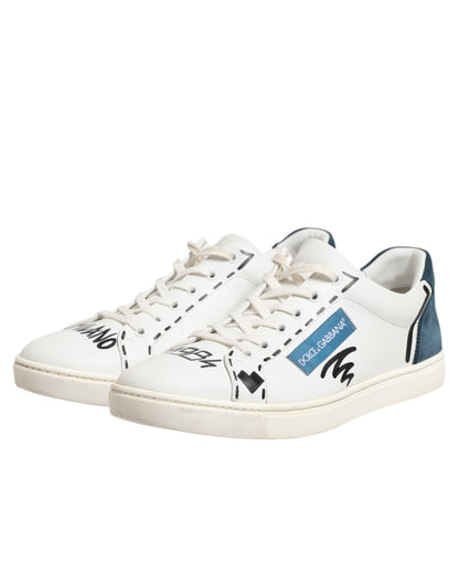 Dolce & Gabbana White Leather Printed Low Top Sneakers Shoes by Dolce & Gabbana