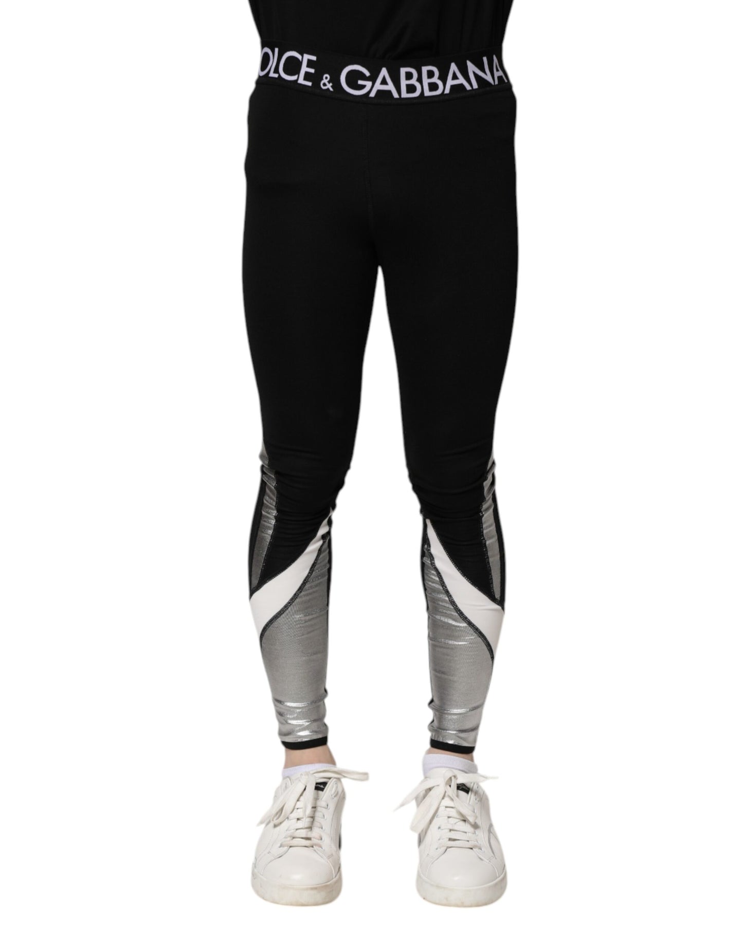 Dolce &amp; Gabbana Black Silver Nylon Skinny Men Leggings Pants
