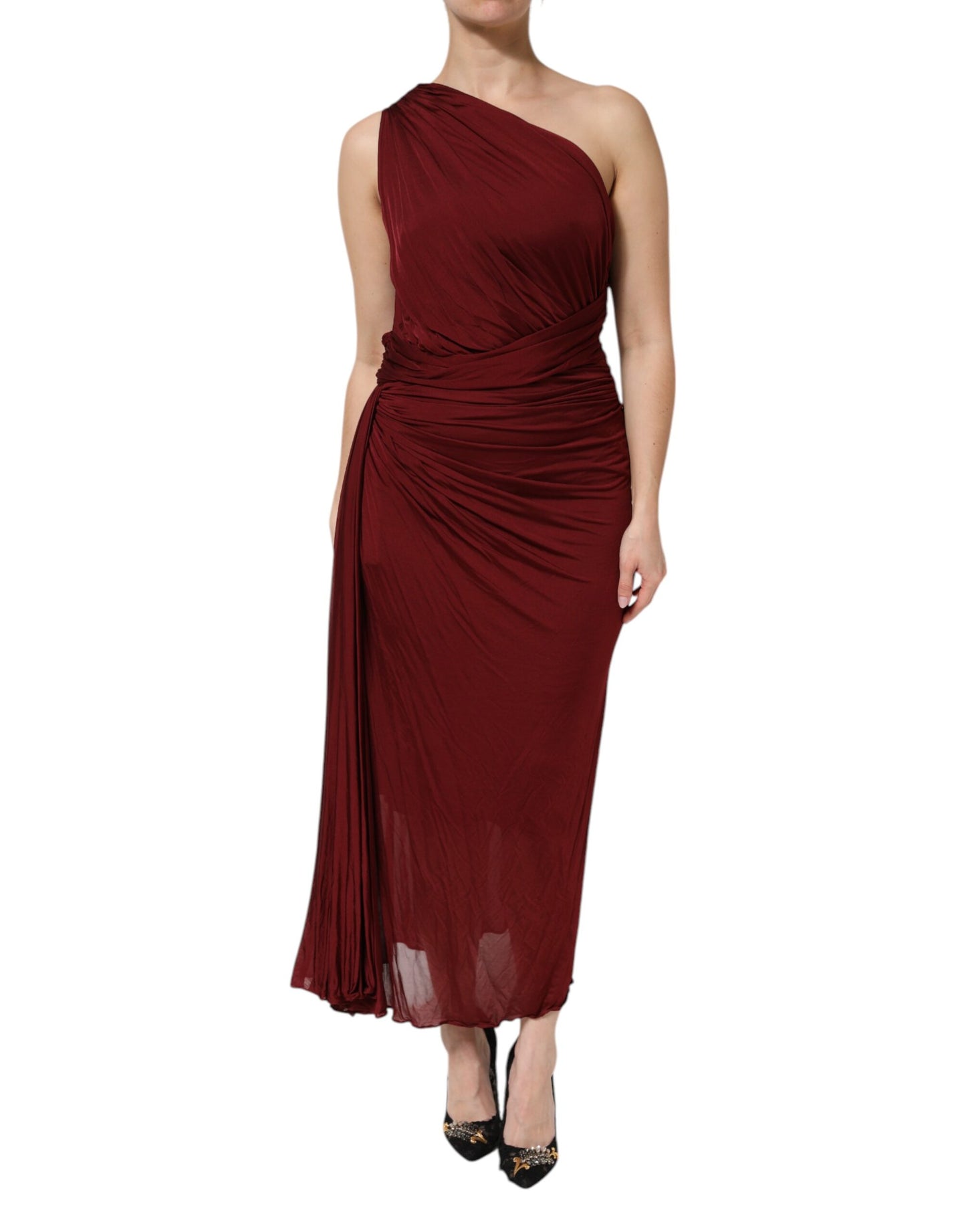 Dolce &amp; Gabbana Red Viscose Fitted One Shoulder Midi Dress