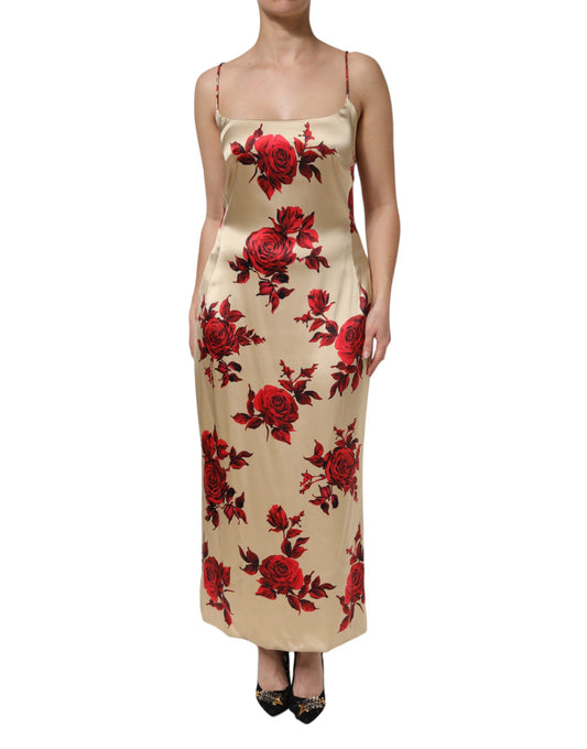 Dolce &amp; Gabbana Beige Floral Spaghetti Strap Sheath Dress