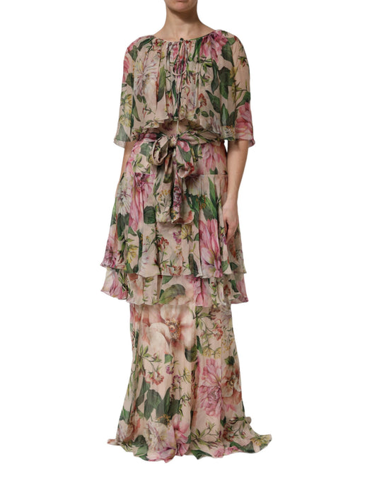 Dolce &amp; Gabbana Pink Floral Print Tiered Long Maxi Dress