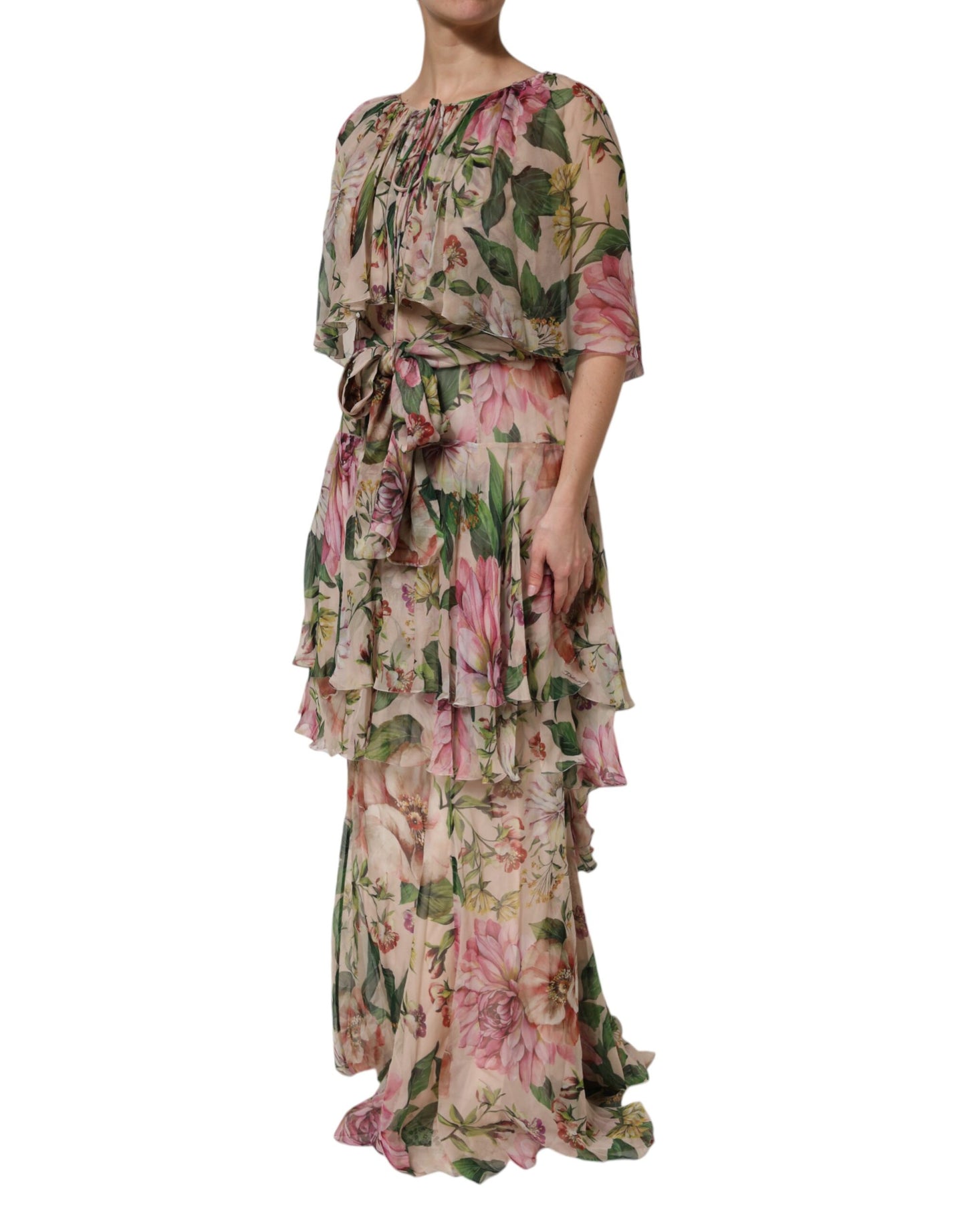 Dolce &amp; Gabbana Pink Floral Print Tiered Long Maxi Dress