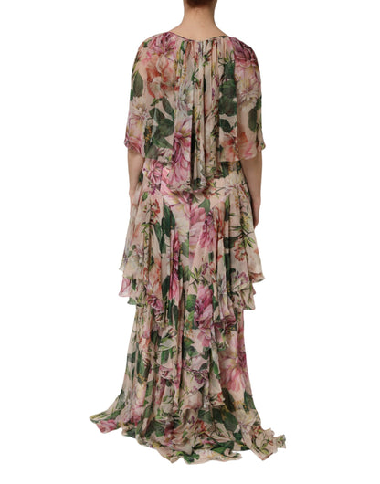 Dolce &amp; Gabbana Pink Floral Print Tiered Long Maxi Dress