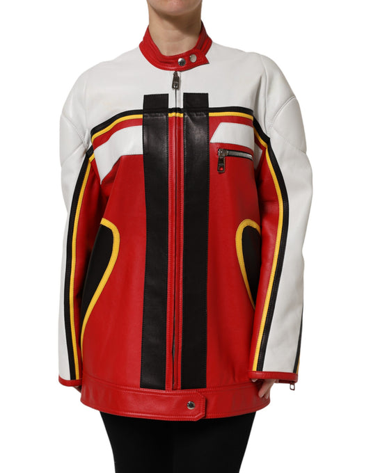 Dolce &amp; Gabbana Multicolor Leather Biker Full Zip Coat Jacket