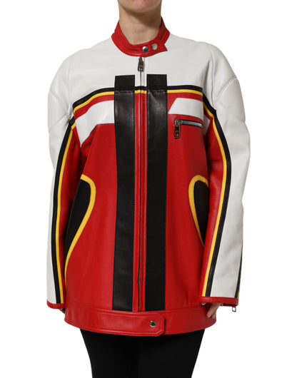 Dolce &amp; Gabbana Multicolor Leather Biker Full Zip Coat Jacket