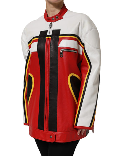 Dolce &amp; Gabbana Multicolor Leather Biker Full Zip Coat Jacket