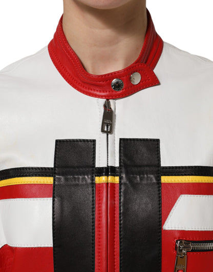Dolce &amp; Gabbana Multicolor Leather Biker Full Zip Coat Jacket