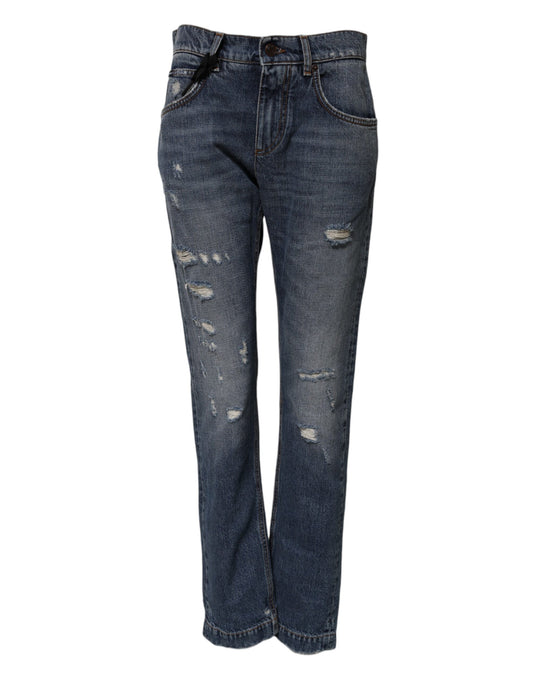 Dolce &amp; Gabbana Blue Cotton Tattered Boyfriend Denim Jeans