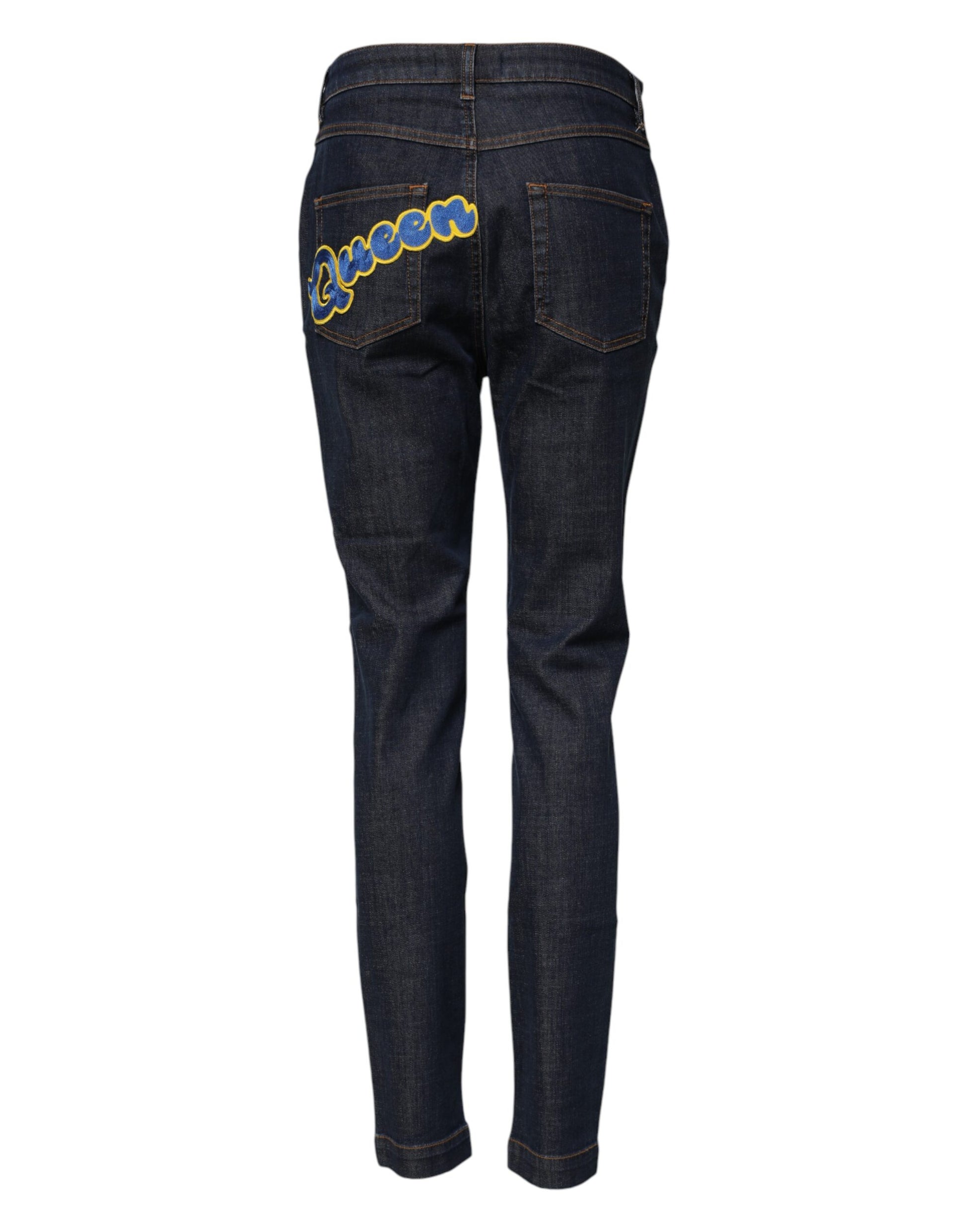 Dolce & Gabbana Blue Queen Patch AUDREY Mid Waist Denim Jeans by Dolce & Gabbana