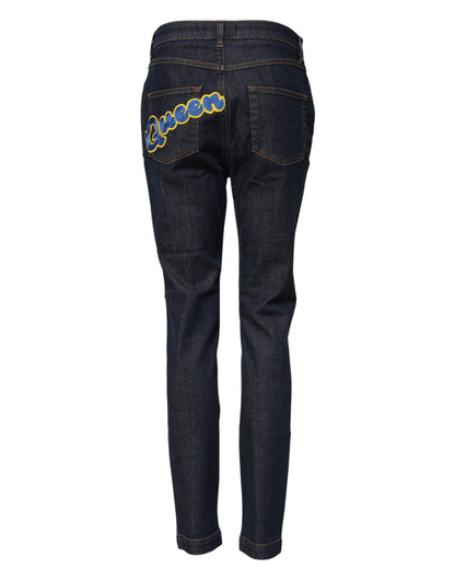 Dolce & Gabbana Blue Queen Patch AUDREY Mid Waist Denim Jeans by Dolce & Gabbana