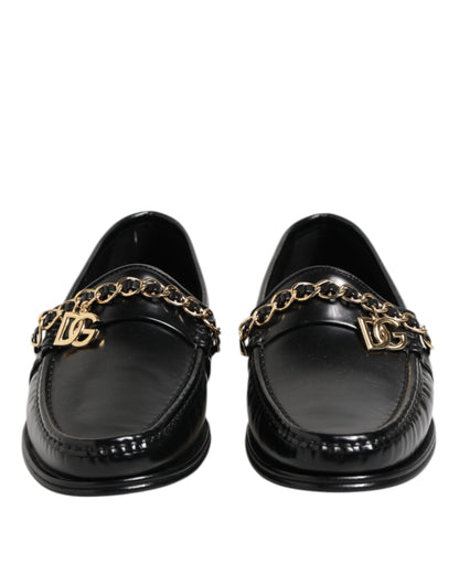 Dolce &amp; Gabbana Black Leather Chain Slip On Loafers Men Dress Shoes