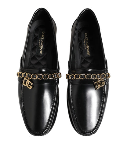 Dolce &amp; Gabbana Black Leather Chain Slip On Loafers Men Dress Shoes