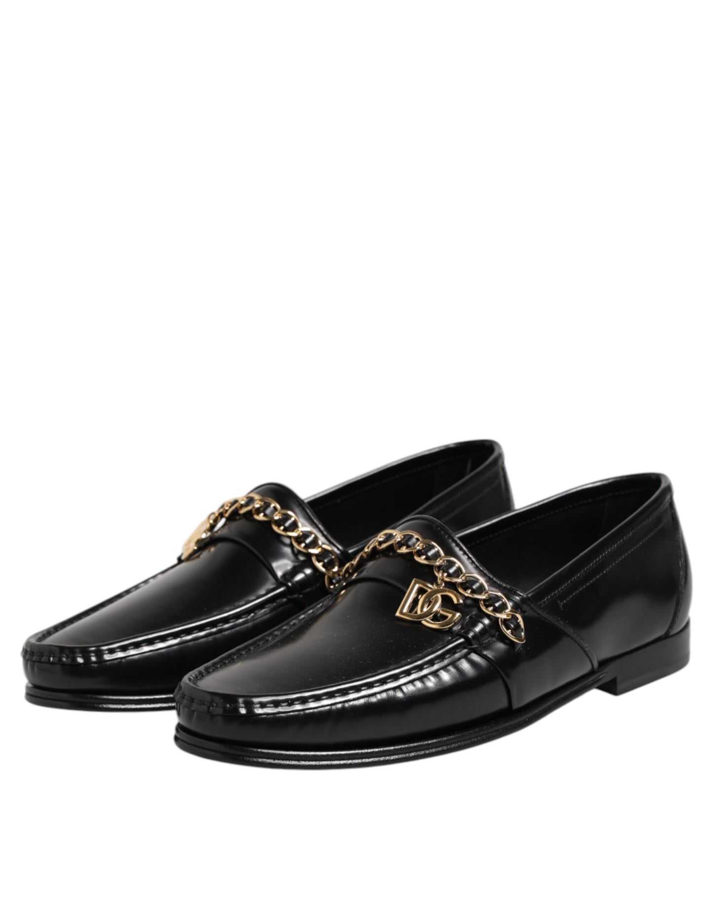 Dolce &amp; Gabbana Black Leather Chain Slip On Loafers Men Dress Shoes